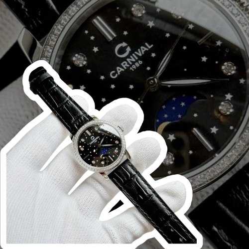 CARNIVAL 8193L2 DIAMOND SILVER MOONPHASE BLACK FACE LEATHER
