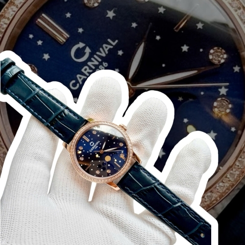 CARNIVAL 8193L2 DIAMOND ROSE MOONPHASE BLUE FACE LEATHER 