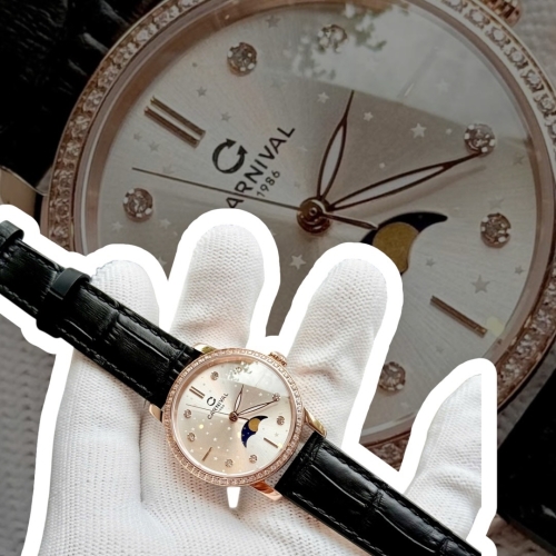CARNIVAL 8193L2 DIAMOND ROSE MOONPHASE WHITE FACE LEATHER