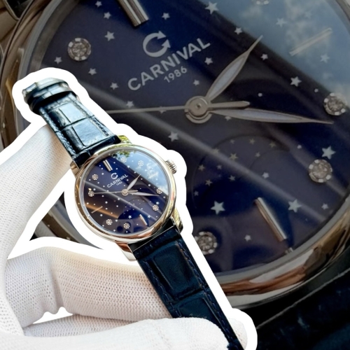 CARNIVAL 8193L SILVER MOONPHASE BLUE FACE LEATHER