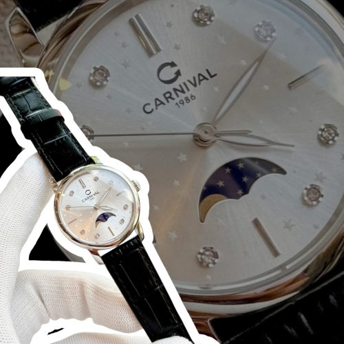 CARNIVAL 8193L SILVER MOONPHASE WHITE FACE LEATHER