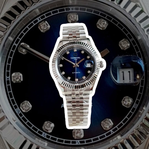 CARNIVAL 8250G DÂY THÉP BẠC MẶT XANH DƯƠNG NAVY FACE 38MM 