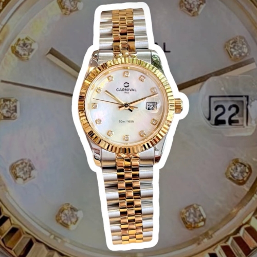 ĐỒNG HỒ NỮ CARNIVAL 8250L DÂY THÉP DEMI VÀNG MẶT TRẮNG XÀ CỪ DEMI GOLD MOP WHITE FACE