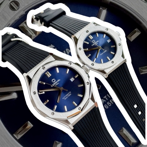ĐỒNG HỒ COUPLE CARNIVAL 8168G & 8168L SILVER BLUE FACE DÂY CAO SU 