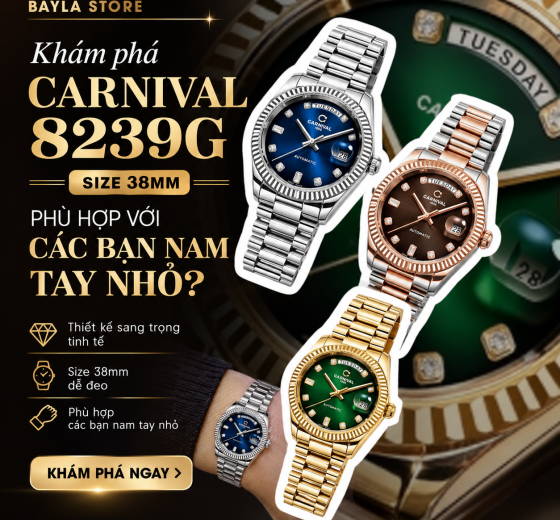 CARNIVAL 8239G 38mm- MẪU AUTOMATIC MỚI VỚI DÂY PRESIDENT VÀ BỘ SƯU TẬP MÀU SẮC ĐA DẠNG