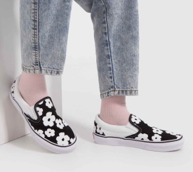 VANS SLIP ON FLOWER BLACK WHITE TRAINERS